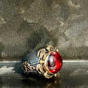 Antique Sterling Silver Bronze Brass Garnet Glass Cocktail LRG Ring Renaissance